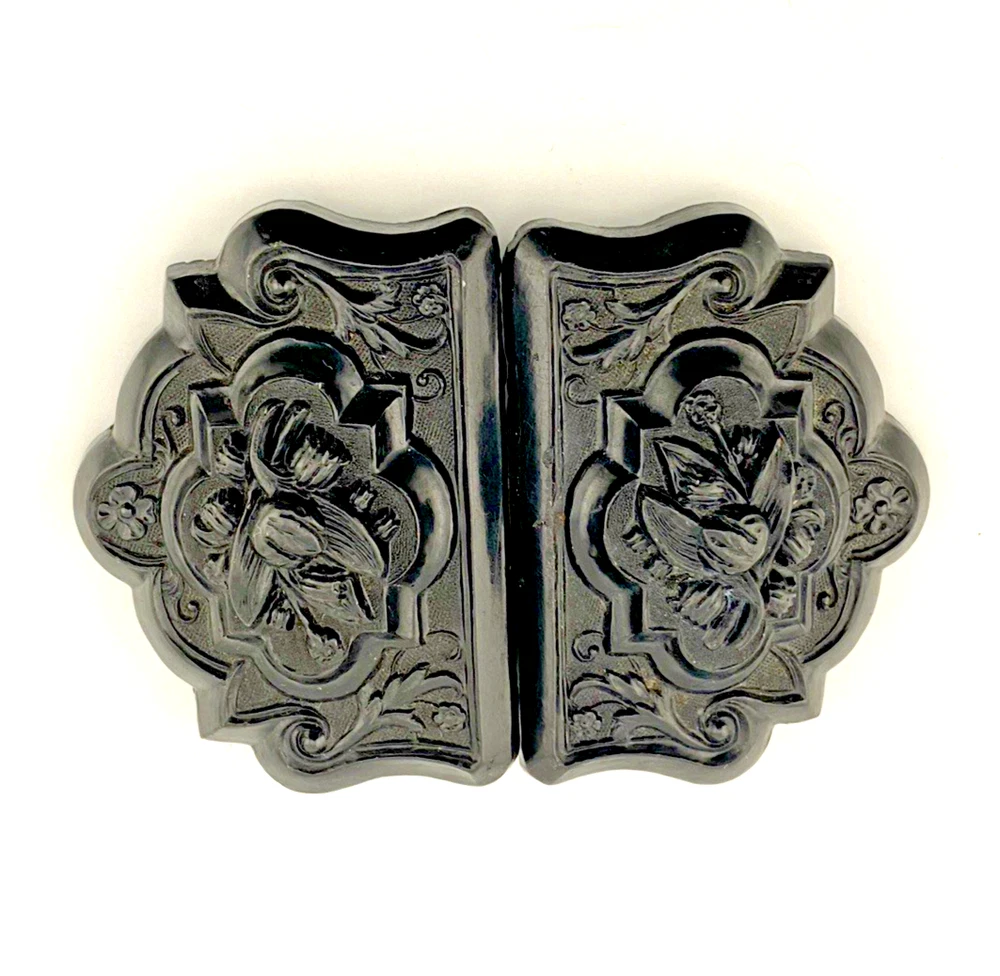 Victorian Whitby jet sash buckle carved with lily-of-the-valley flowers and scrolling foliage