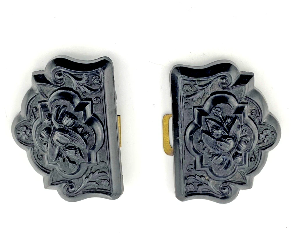 Victorian Whitby jet sash buckle carved with lily-of-the-valley flowers and scrolling foliage