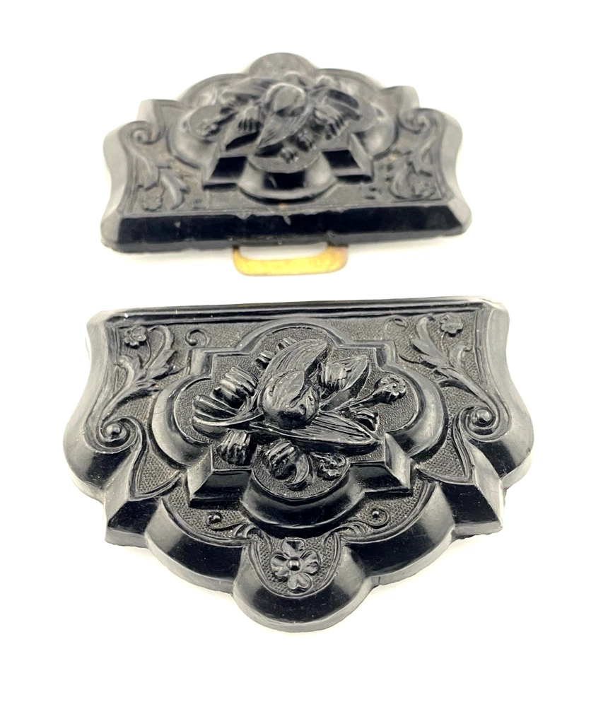 Victorian Whitby jet sash buckle carved with lily-of-the-valley flowers and scrolling foliage