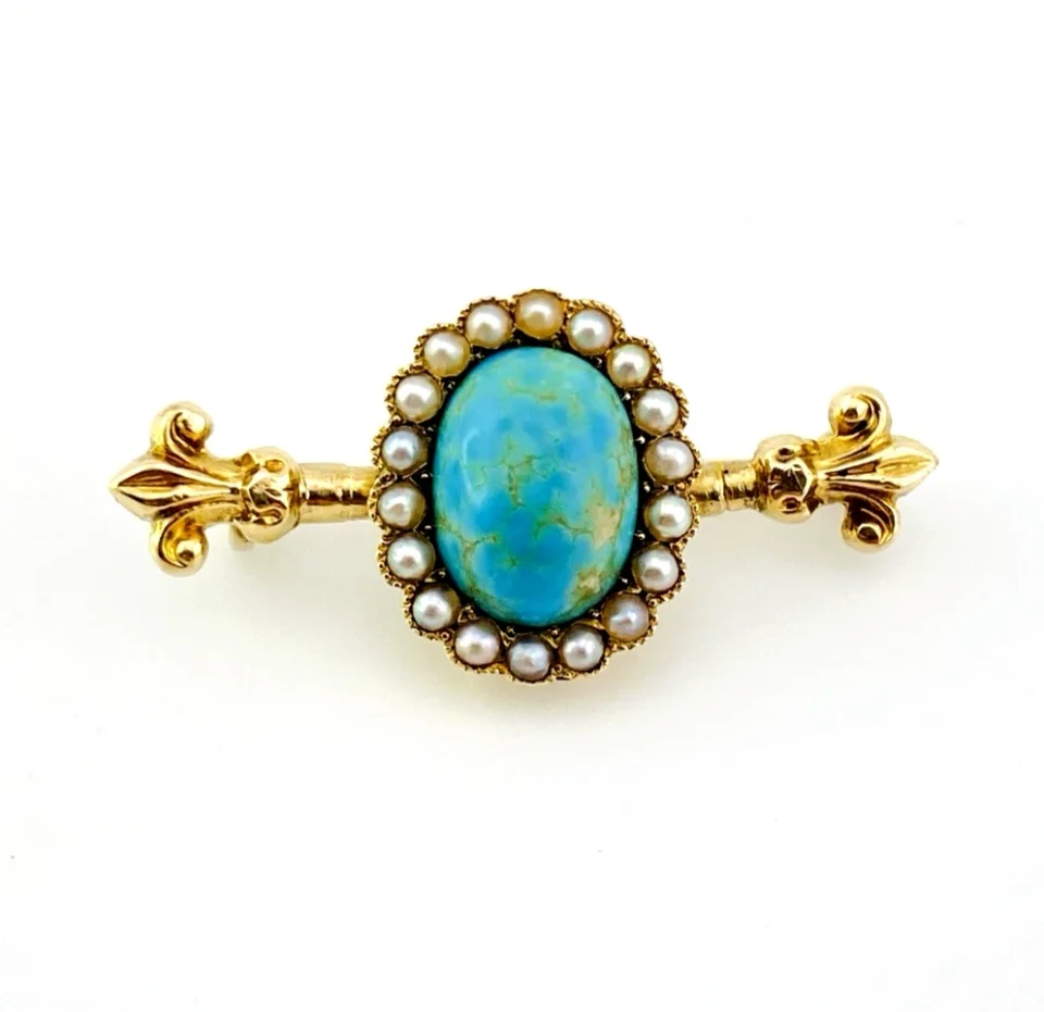 Victorian 14K Gold Turquoise Natural Seed Pearl Fleur de Lis Brooch Pin