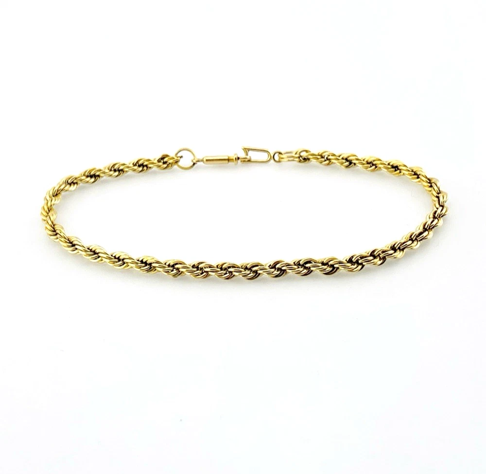 Vintage gold-filled rope chain bracelet measuring 7 inches long and 3mm wide with a slim tube clasp