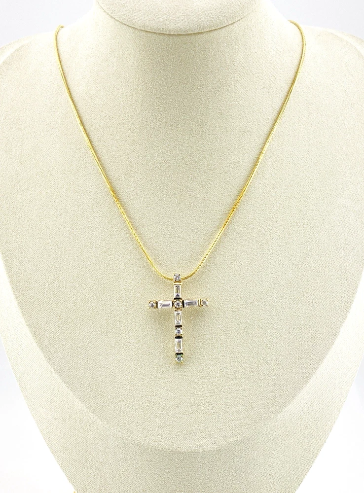 Vintage Gold Vermeil Baguette CZ Cross on Danecraft 925 Snake Chain