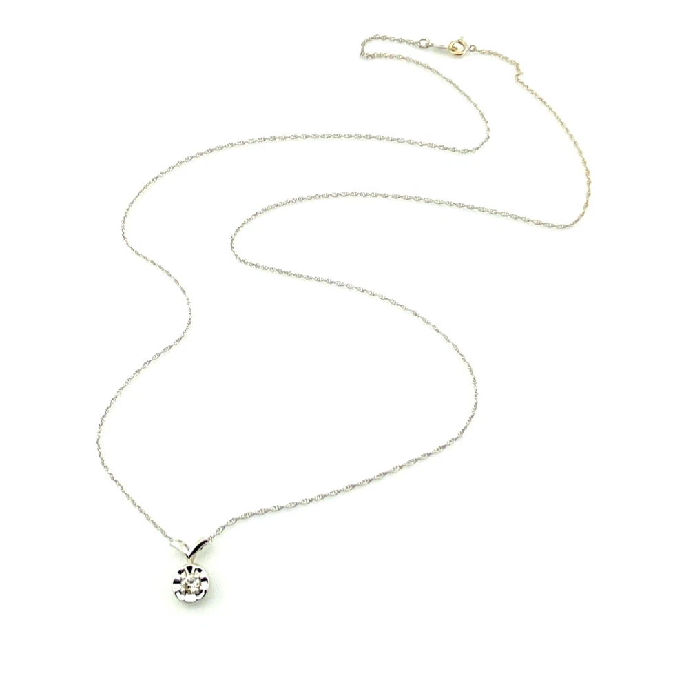 Vintage 14k white gold necklace with a .10-carat diamond in a round illusion setting on a delicate rope chain