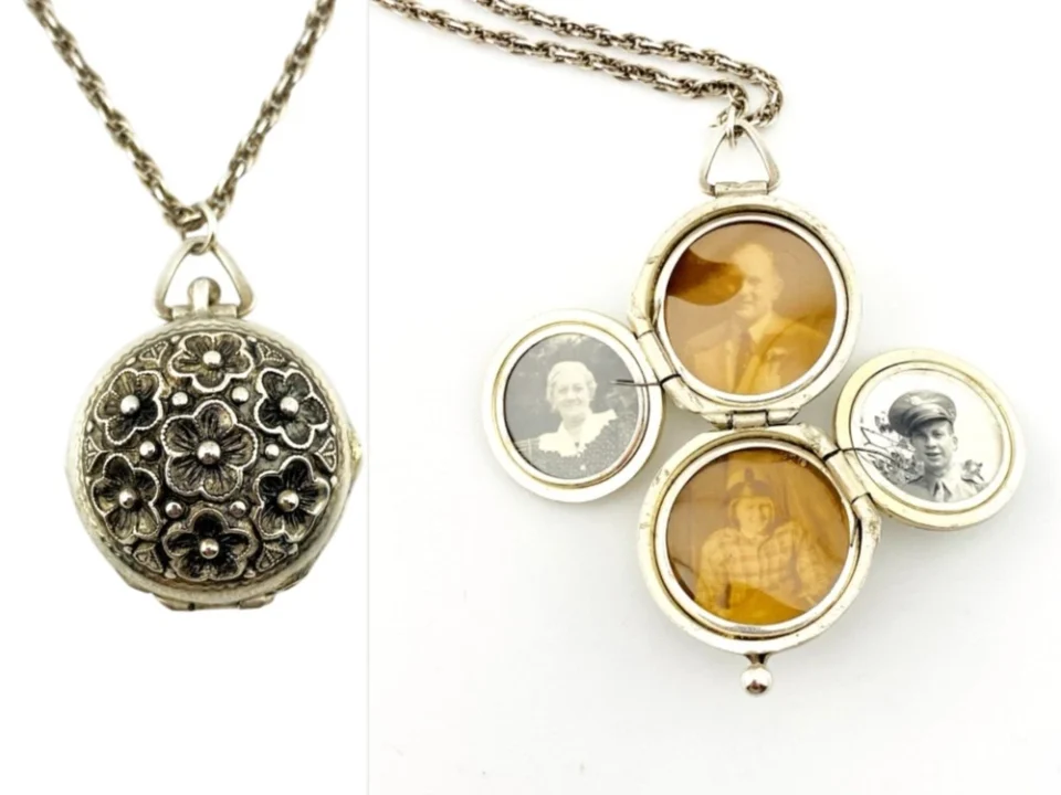 WWII-Era Sterling Silver Four-Photo Family Locket Necklace