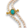 Vintage cultured pearl necklace styled with an antique turquoise and seed-pearl bar pin sold separately