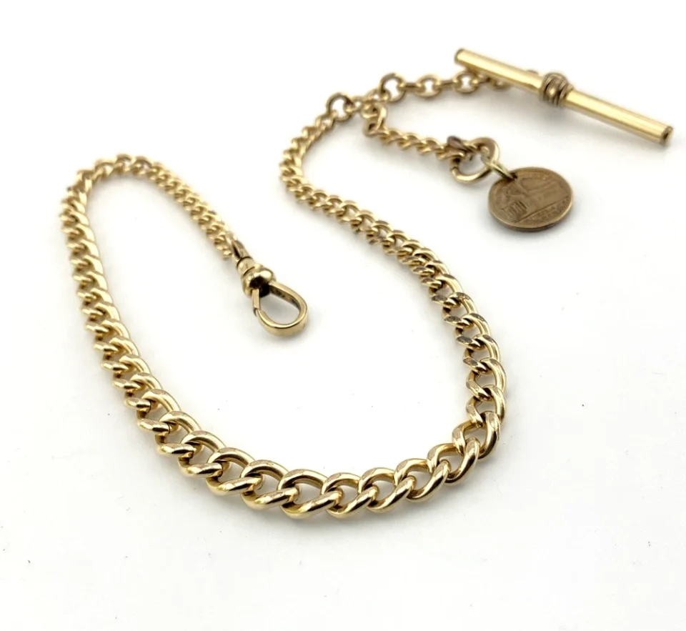 Antique R. F. Simmons gold-filled graduated Albert watch chain with T-bar, dog clip and George B. Soley Philadelphia Mint token