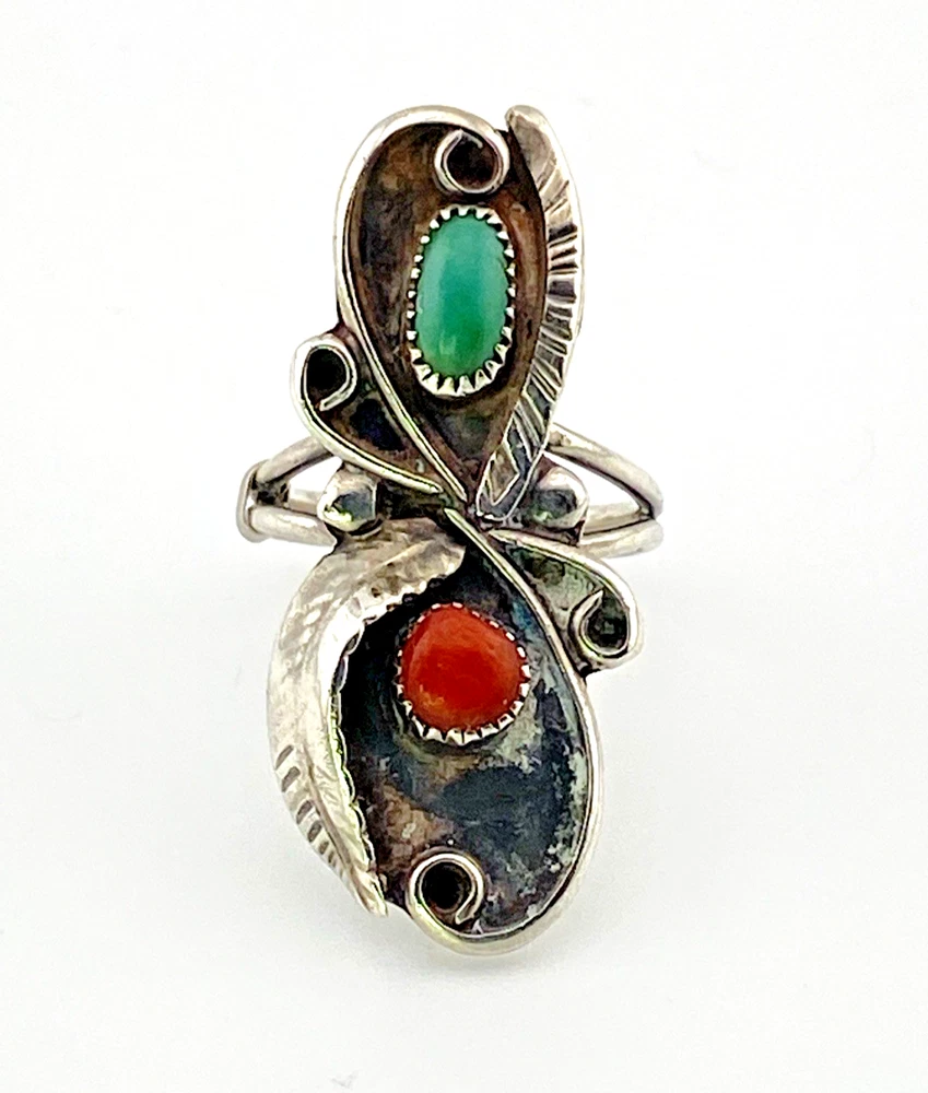 Vintage Navajo Sterling Turquoise and Coral Ring Size 5