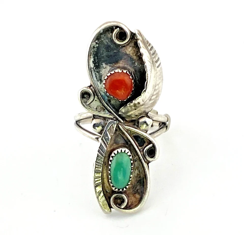 Vintage Navajo sterling silver north south ring with natural turquoise, coral, chased feather and leaf motifs, size 5