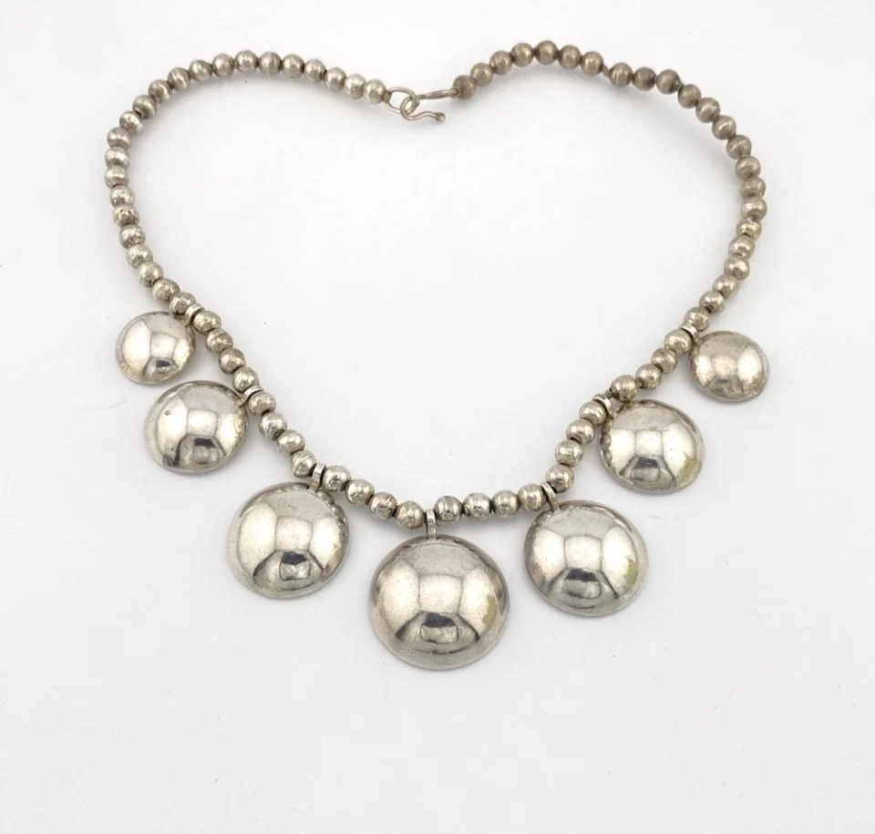 Vintage Navajo Pearls Sterling Silver Half Dome Necklace 17 Inches