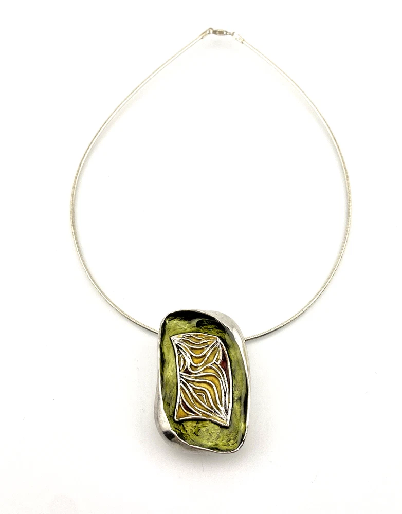Norwegian Sterling Silver Enamel Brooch Pendant SV Modernist Green