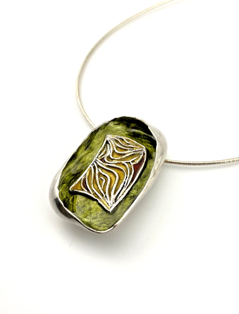 Norwegian Sterling Silver Green Enamel Modernist Brooch Pendant necklace