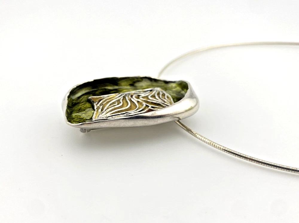 Norwegian Sterling Silver Green Enamel Modernist Brooch Pendant necklace