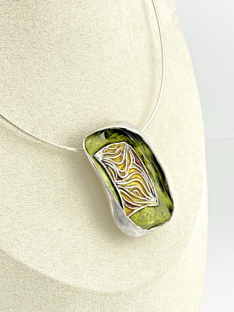Norwegian Sterling Silver Green Enamel Modernist Brooch Pendant necklace