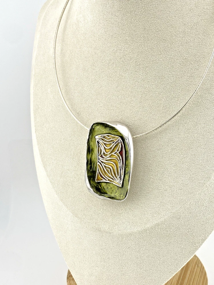 Norwegian Sterling Silver Green Enamel Modernist Brooch Pendant necklace