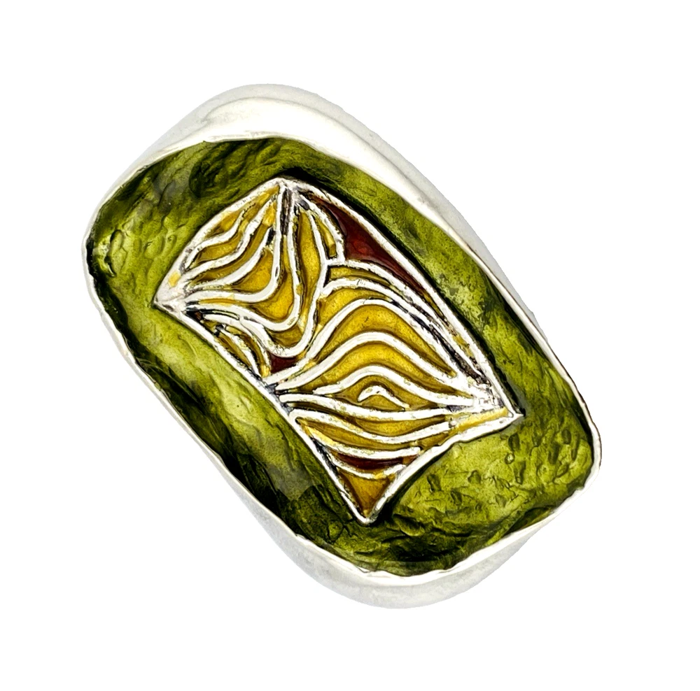 Norwegian Sterling Silver Green Enamel Modernist Brooch Pendant