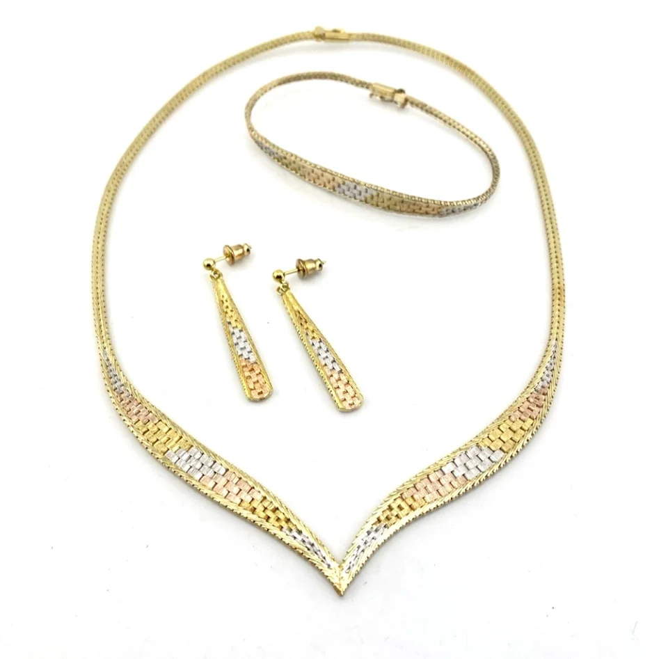 Italian Tricolor Vermeil Riccio Necklace Bracelet Earrings Set