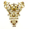 Late-18th-century Georgian gilt-brass necklace centerpiece with natural baroque pearls, red garnet-colored paste glass and pierced Rococo scrollwork