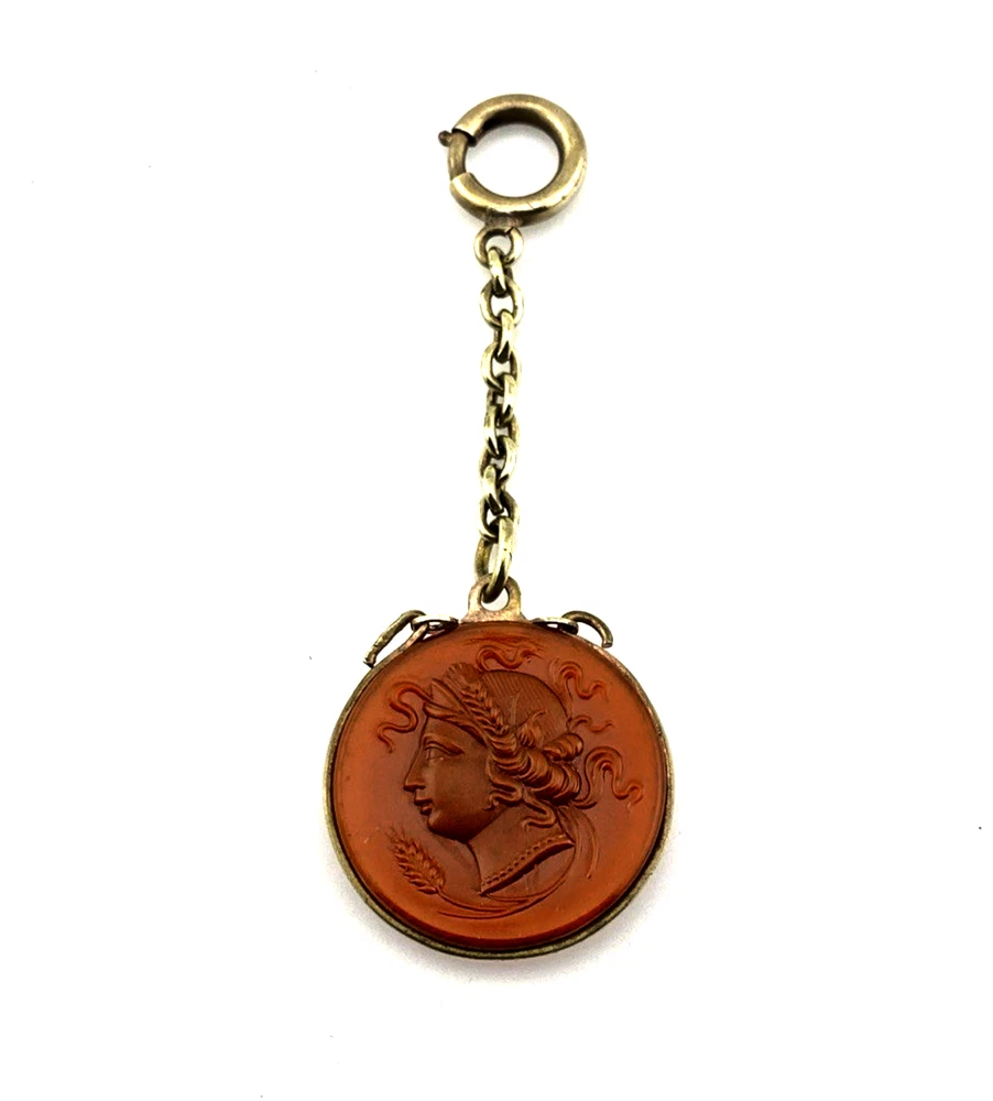 Vintage Ceres Demeter Pressed Glass Cameo Watch Fob Gold Plated 2 7/8"