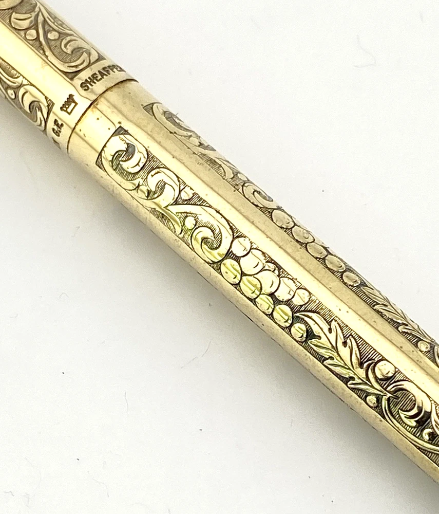 Vintage Sheaffer Imperial 12K gold filled ballpoint pen with engraved Grapes and Leaves pattern and White Dot clip