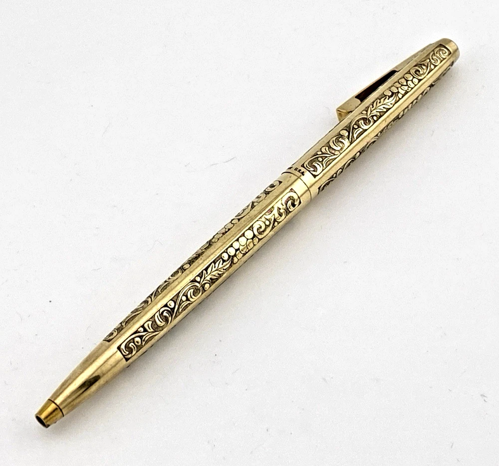 Vintage Sheaffer Imperial 12K gold filled ballpoint pen with engraved Grapes and Leaves pattern and White Dot clip