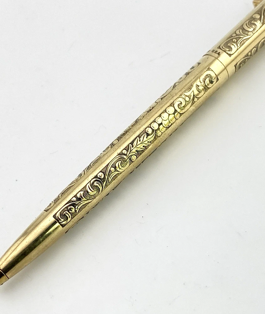 Vintage Sheaffer Imperial 12K gold filled ballpoint pen with engraved Grapes and Leaves pattern and White Dot clip