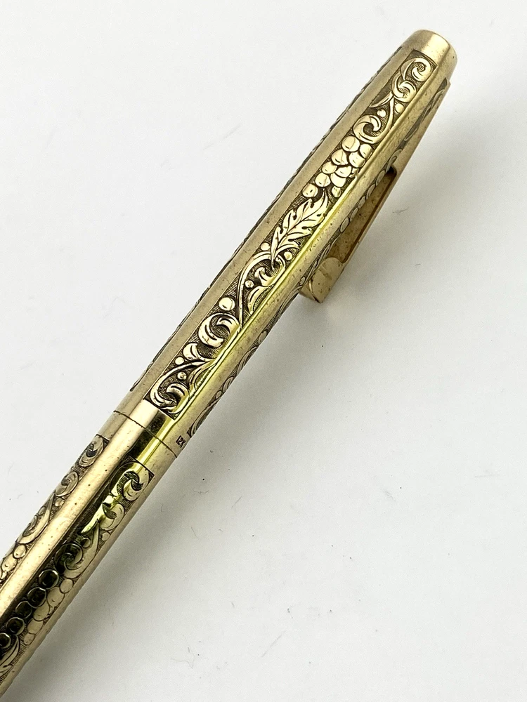 Vintage Sheaffer Imperial 12K gold filled ballpoint pen with engraved Grapes and Leaves pattern and White Dot clip