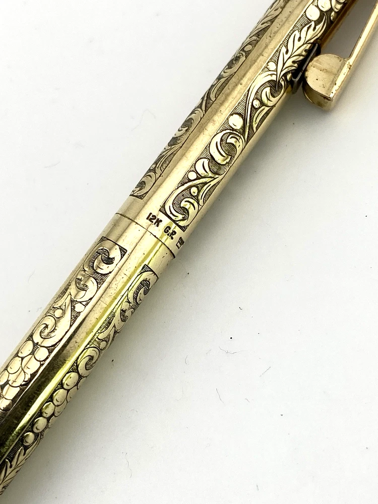 Vintage Sheaffer Imperial 12K gold filled ballpoint pen with engraved Grapes and Leaves pattern and White Dot clip
