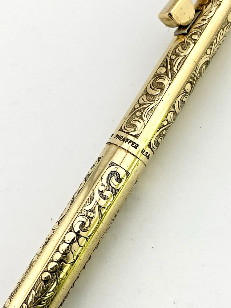 Vintage Sheaffer Imperial 12K gold filled ballpoint pen with engraved Grapes and Leaves pattern and White Dot clip
