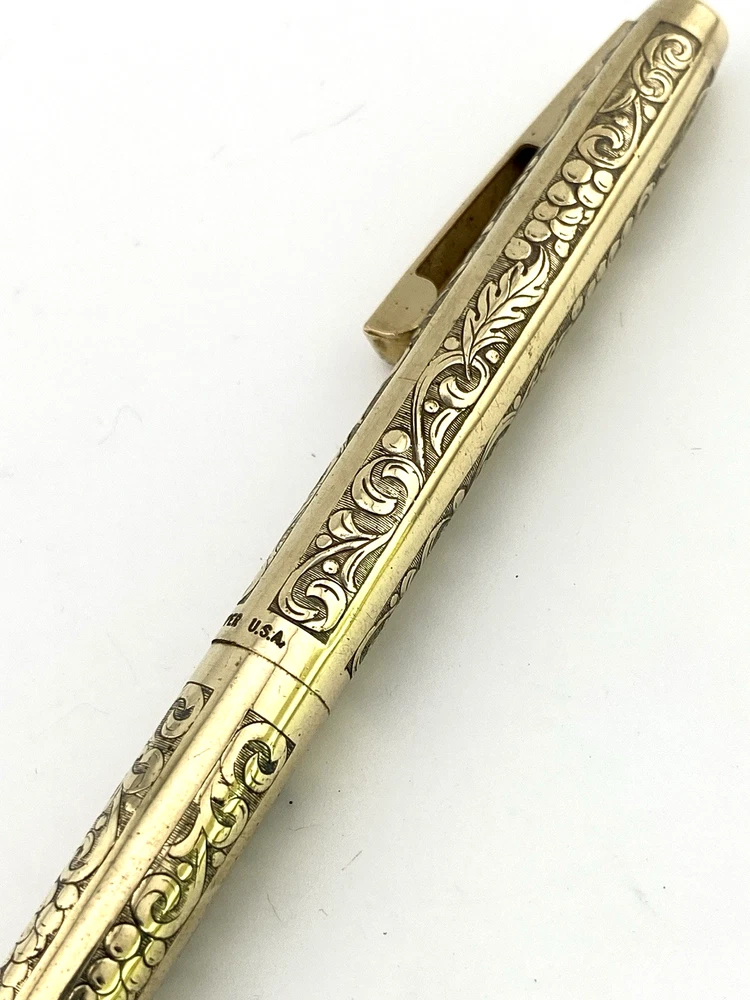 Vintage Sheaffer Imperial 12K gold filled ballpoint pen with engraved Grapes and Leaves pattern and White Dot clip
