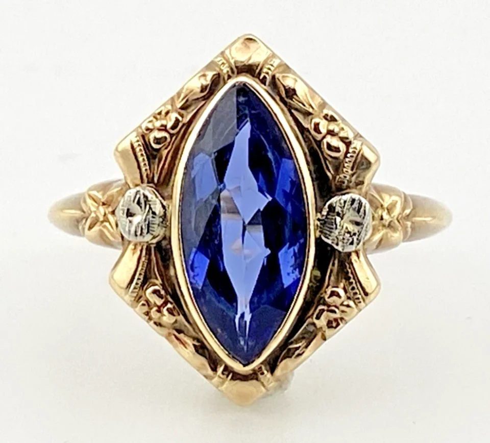 Late Art Deco 10K Gold Marquise Sapphire Floral Ring