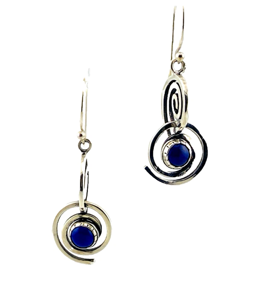 Vintage Modernist Sterling Silver Spiral Black Onyx Drop Earrings Tenorio Signed