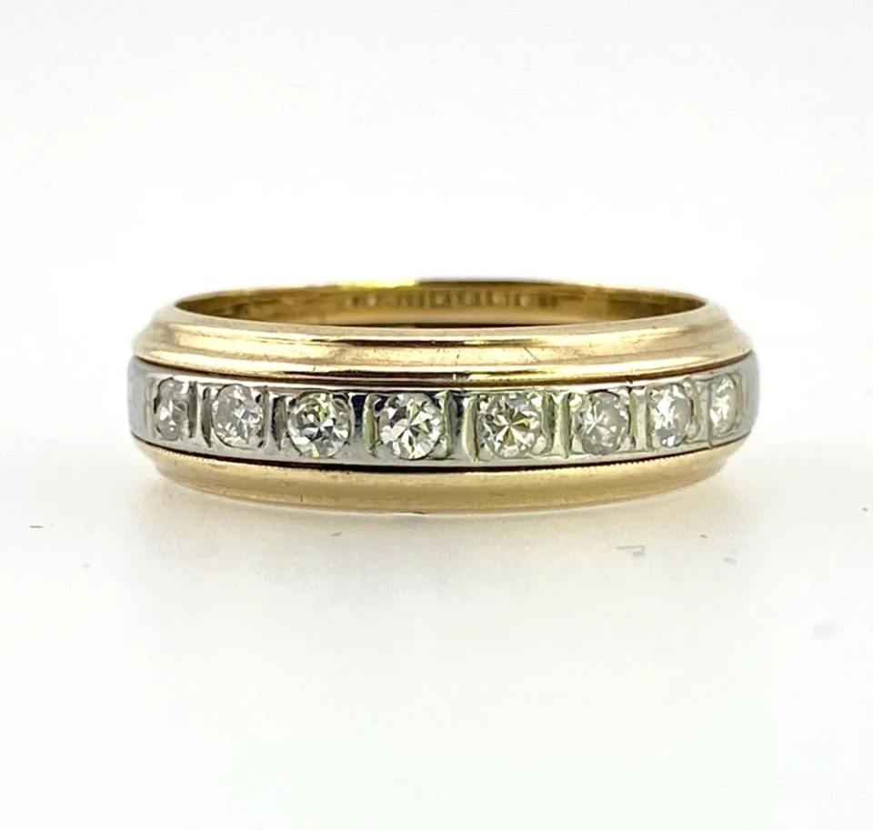 Antique Art Deco 14k Two Tone Gold 0.27ct Diamond Wedding Band Sz 7.75