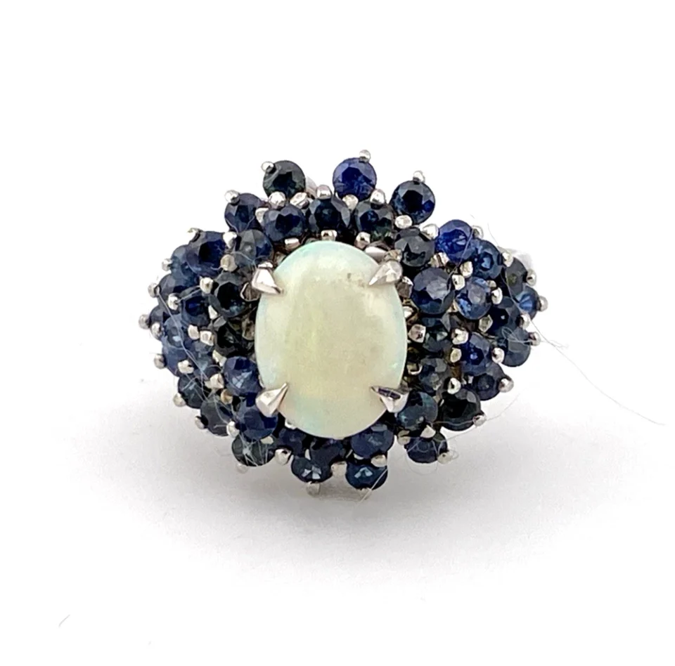 Natural Opal & Sapphire Princess Cluster Ring in Sterling Silver, Size 7