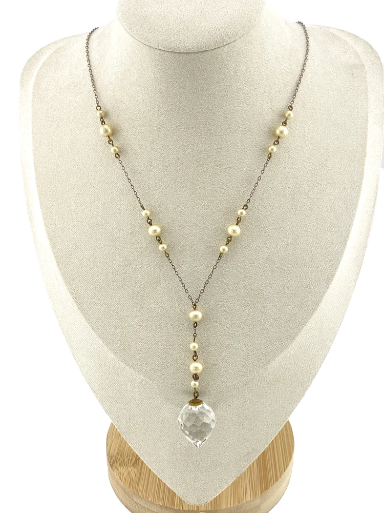Art Deco Faceted Crystal and Faux Pearl Lavalier Necklace