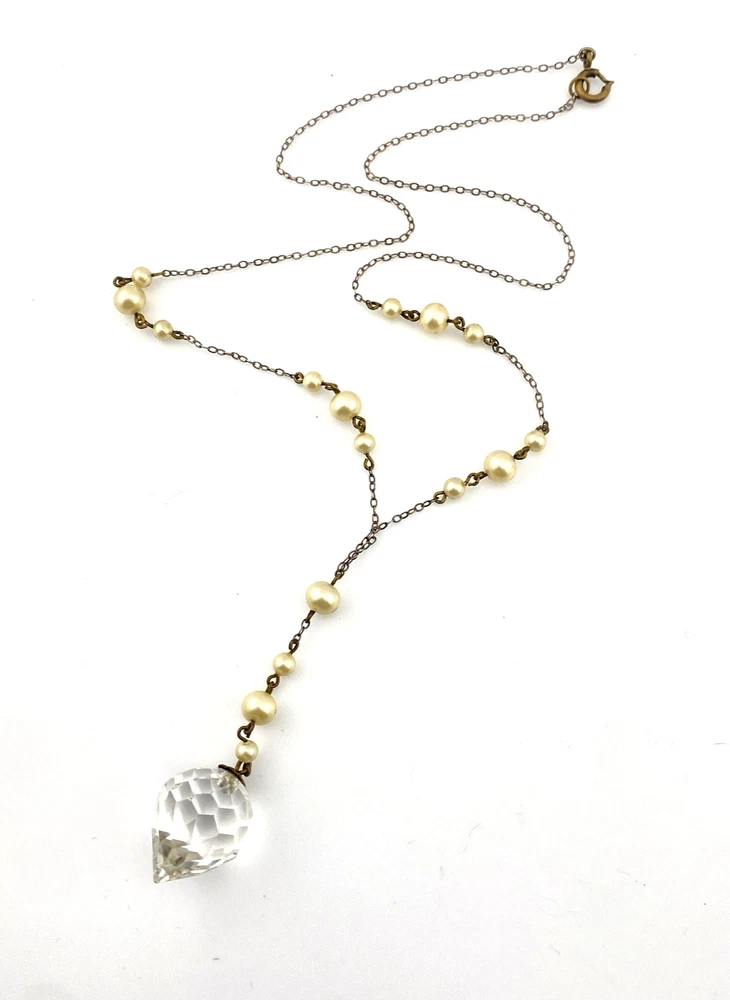 Antique Art Deco lavalier necklace with faux pearl stations and faceted inverted teardrop crystal pendant