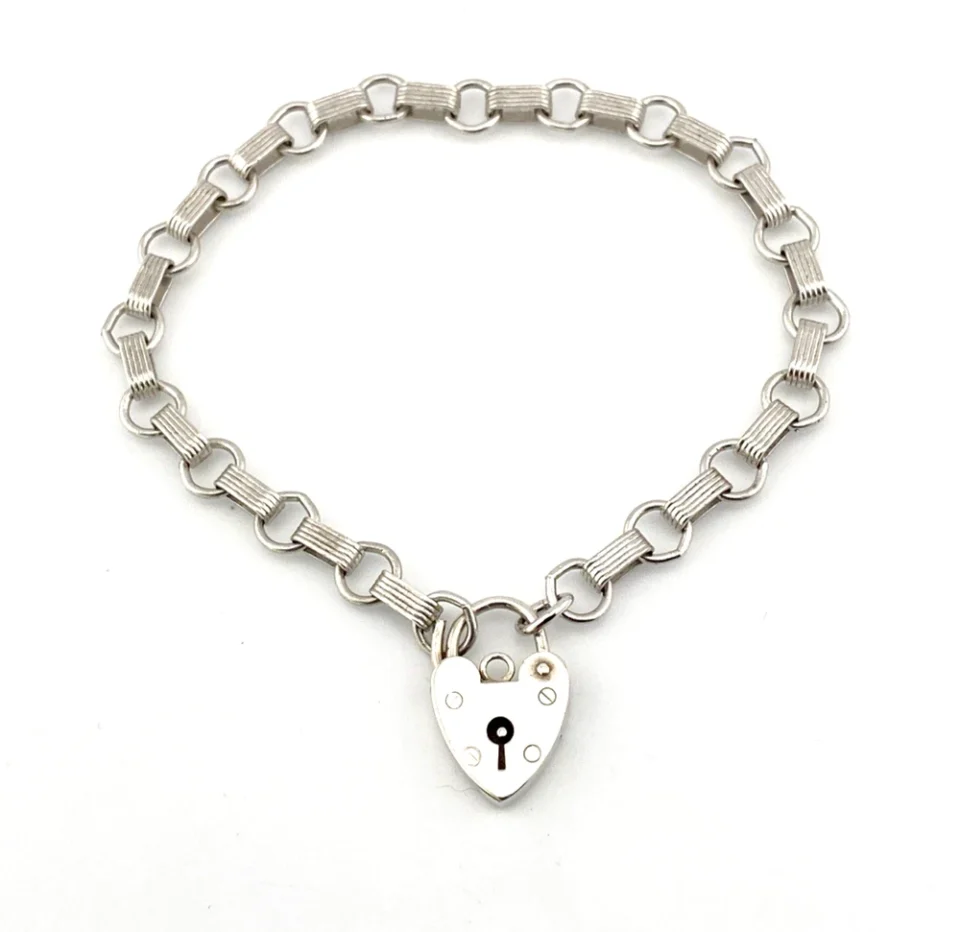 Vintage Sterling Silver Gate Bracelet with Heart Padlock Charm Clasp