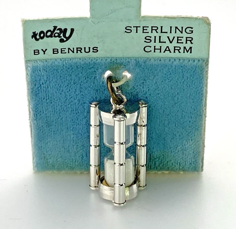 Vintage Benrus Sterling Silver Working Hourglass Charm NOS Original Card 3D