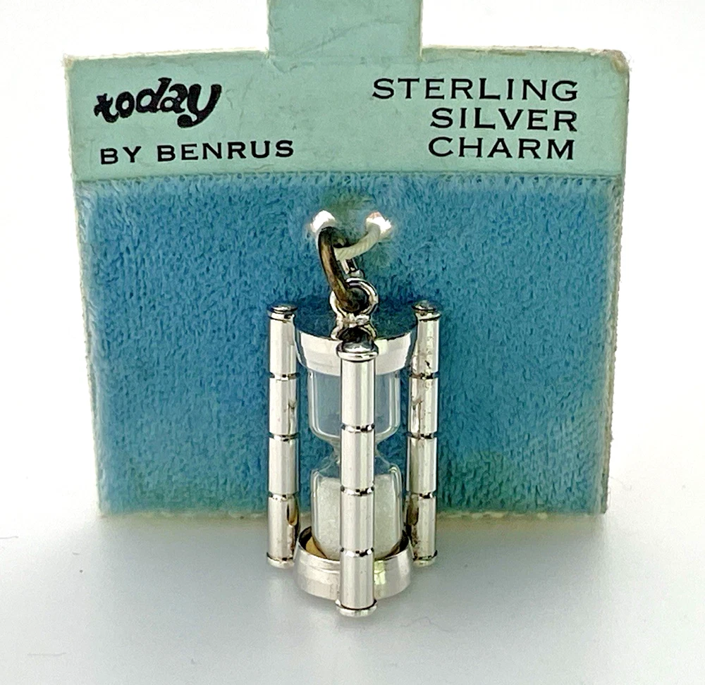 Vintage Benrus Sterling Silver Working Hourglass Charm NOS Original Card