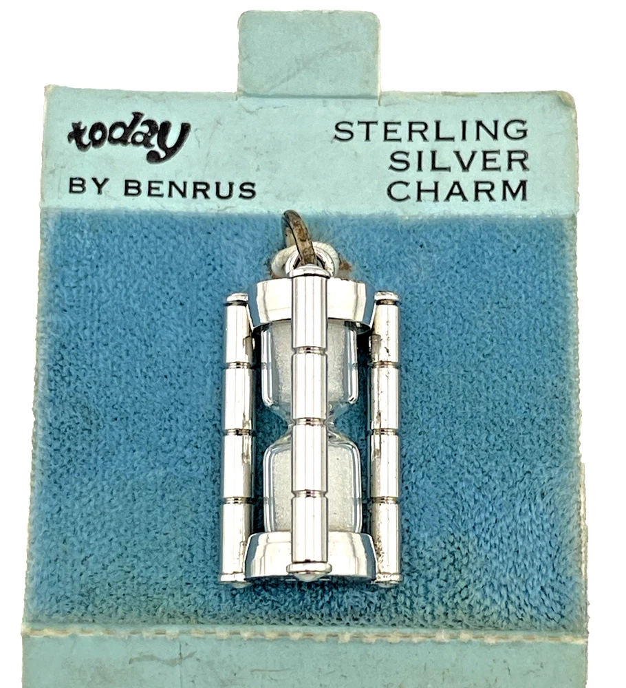 Vintage Benrus Sterling Silver Working Hourglass Charm NOS Original Card