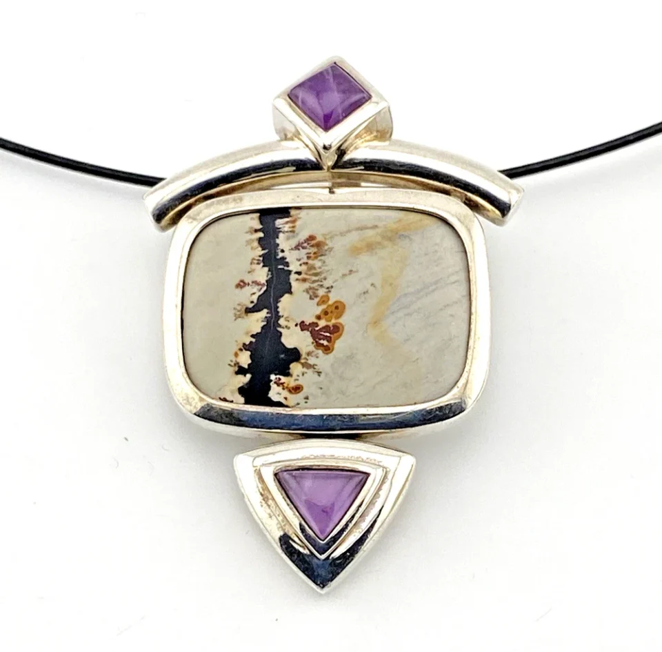 Vintage Artisan Sterling Picture Jasper Amethyst Art to Wear Pendant Necklace