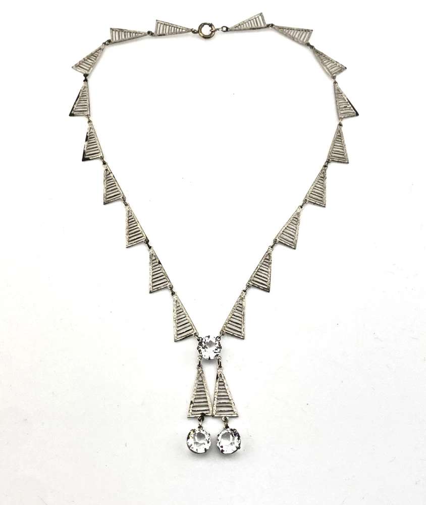 Art Deco Machine Age Filigree Crystal Double-Drop Necklace