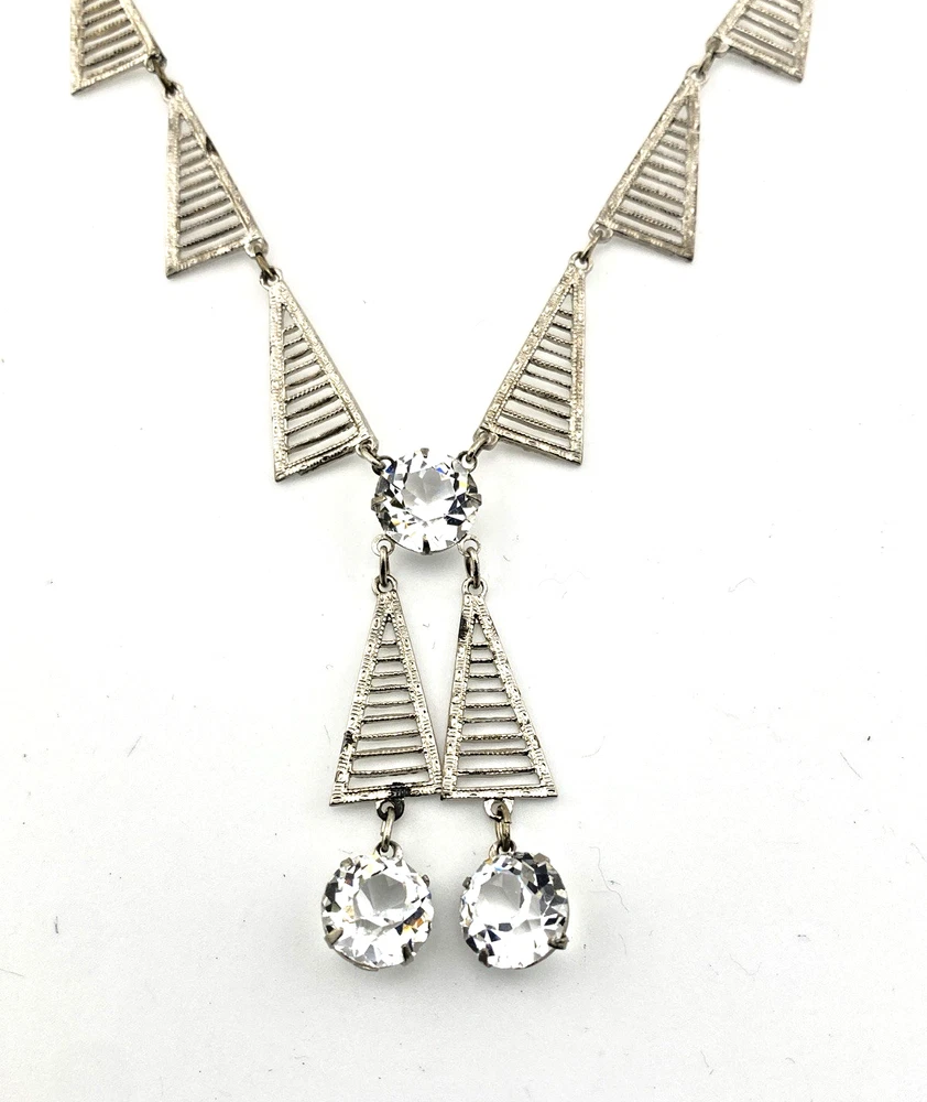 Antique Art Deco rhodium-plated necklace with geometric openwork triangular links and two clear crystal drops