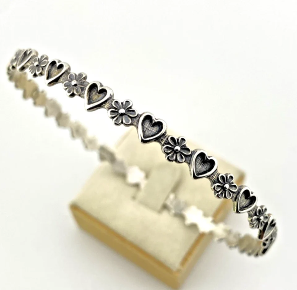 Vintage Beau Sterling Silver Hearts Flowers Bangle Bracelet 8 Inch MCM