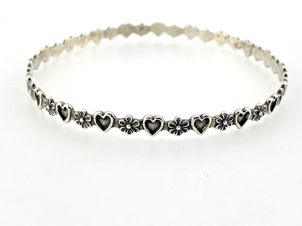 Mid-century Beau Sterling hearts-and-flowers bangle with an 8-inch circumference