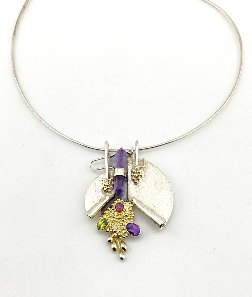 Late-1980s Modernist sterling silver and gold-vermeil Art-to-Wear pendant necklace with amethyst, garnet and peridot
