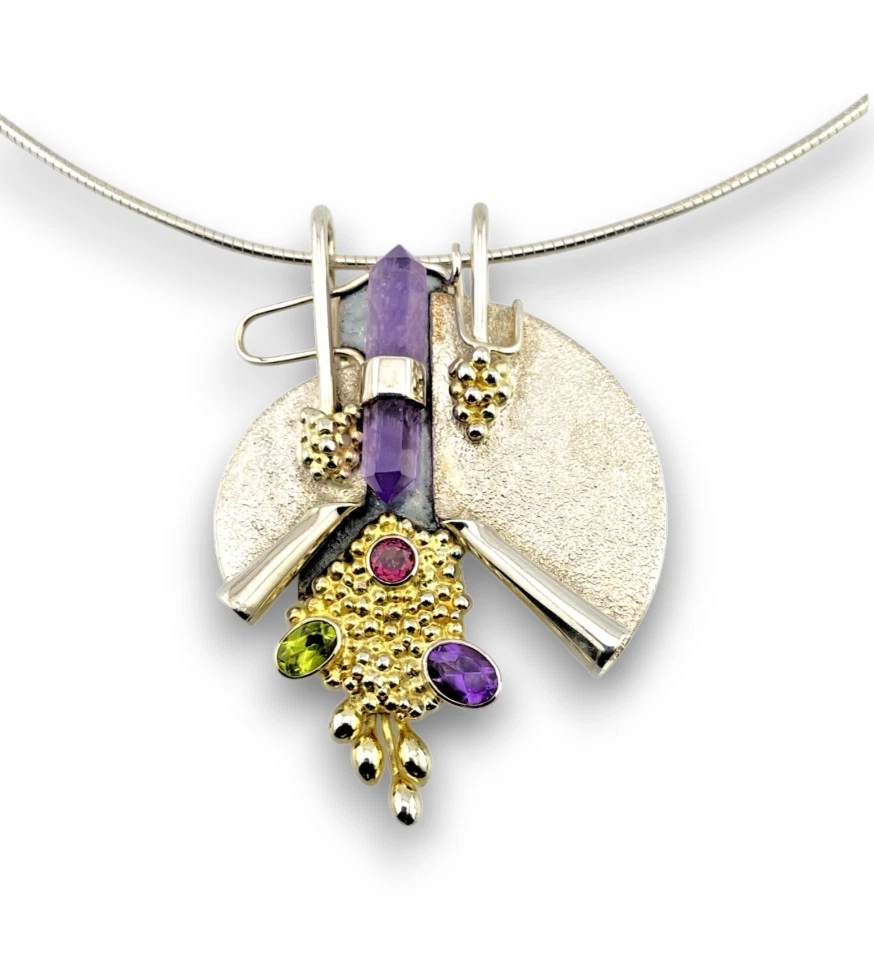 Late-1980s Modernist sterling silver and gold-vermeil Art-to-Wear pendant necklace with amethyst, garnet and peridot