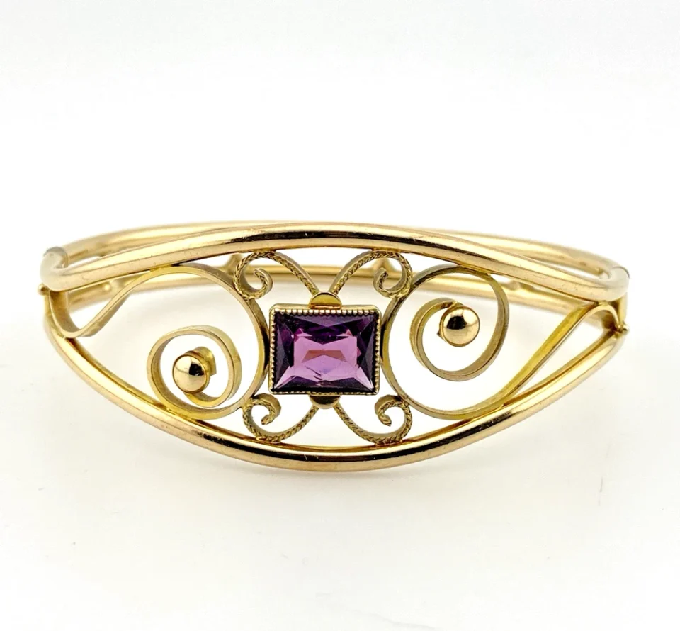 1950s Gold Filled Amethyst Glass Scrollwork Clamper Bracelet