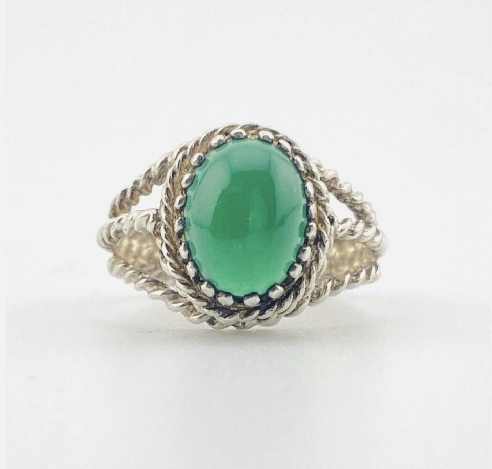 Vintage Green Onyx Sterling Silver Ring Split Shank Rope Pattern Size 5.75