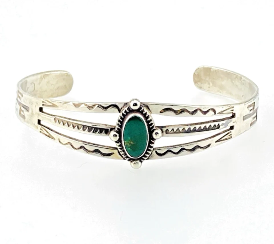 Old Pawn Navajo Sterling Silver Turquoise Stamped Cuff Fred Harvey Era Bracelet