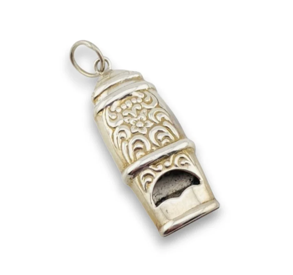 Vintage Sterling Silver Working Whistle Pendant Raised Flowers Scrolls